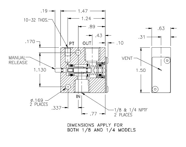 Product Drawing for 1/8" NPTF Adjustable P.O. Check Valve