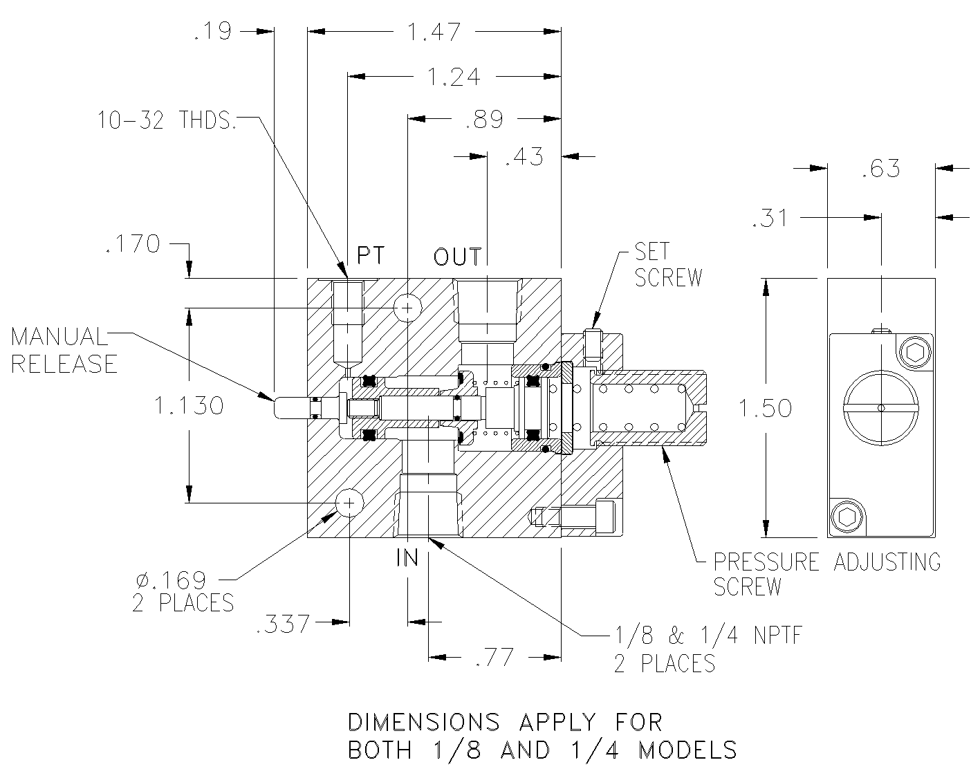 Product Drawing for 1/4" NPTF Adjustable P.O. Check Valve