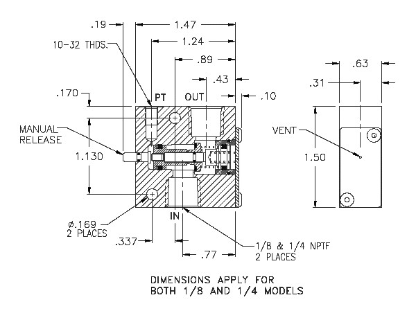 Product Drawing for 1/4" NPTF Pilot-Operated Locking Valve with Flow Controls