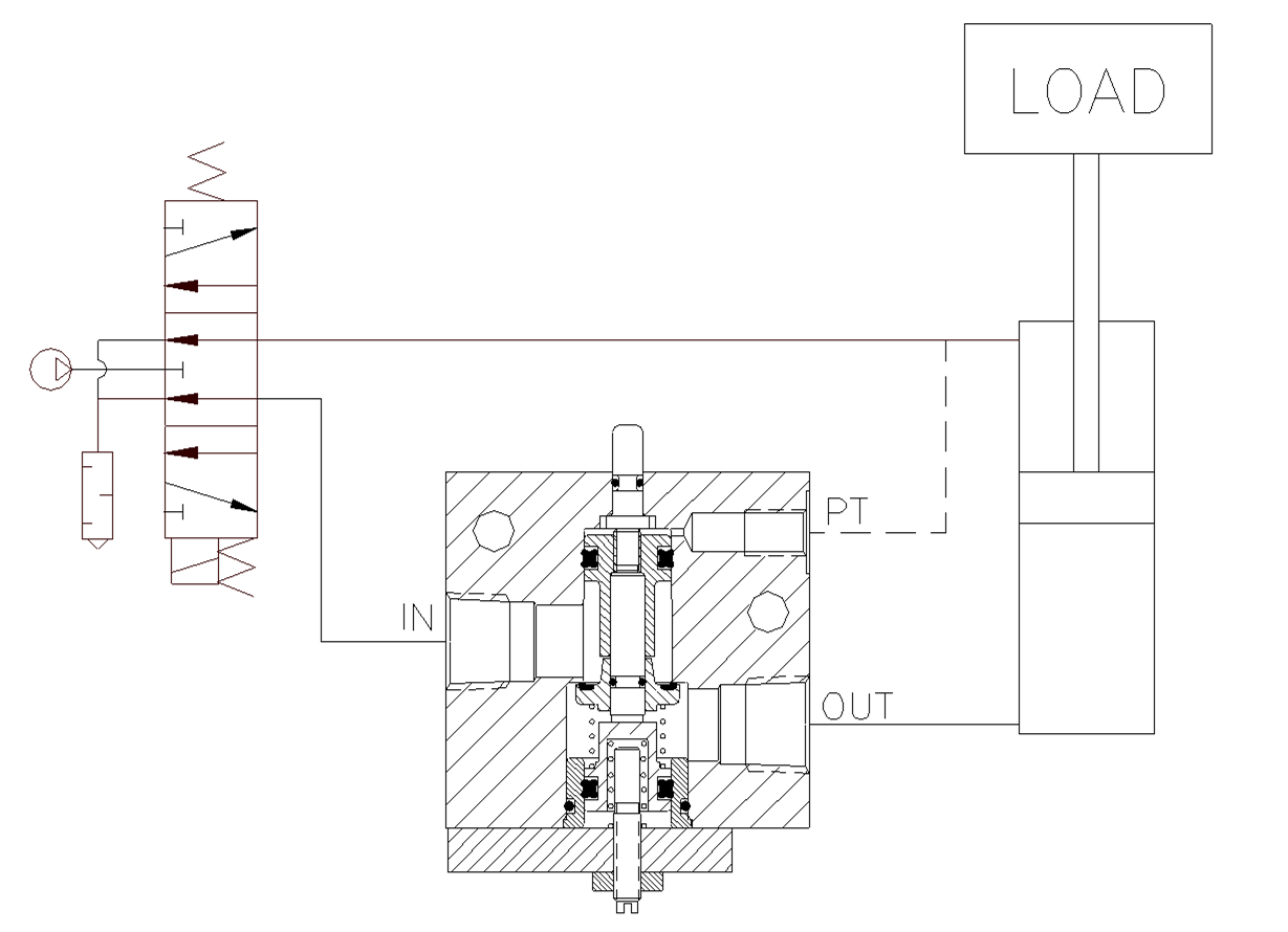 Product Schematic for 1/4" NPTF Pilot-Operated Locking Valve with Flow Controls