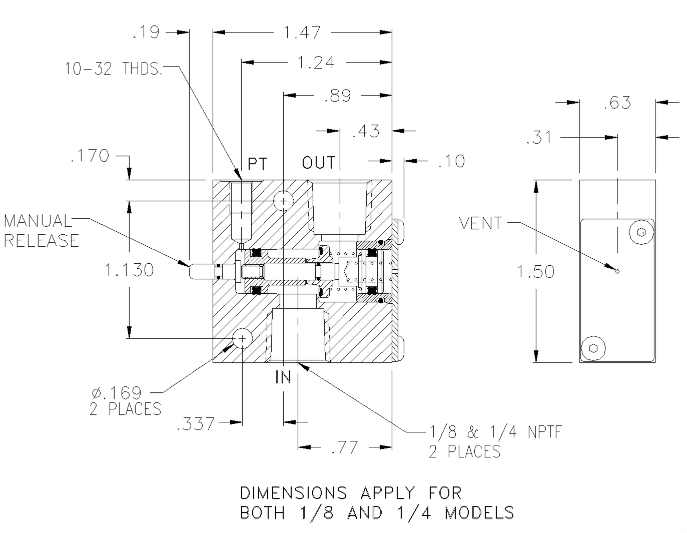 Product Drawing for 1/4" NPTF P.O. Check Valve