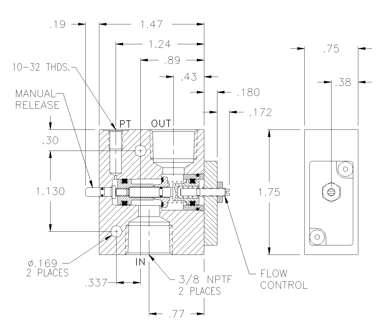 Product Drawing for 3/8" NPTF Pilot-Operated Locking Valve with Flow Controls