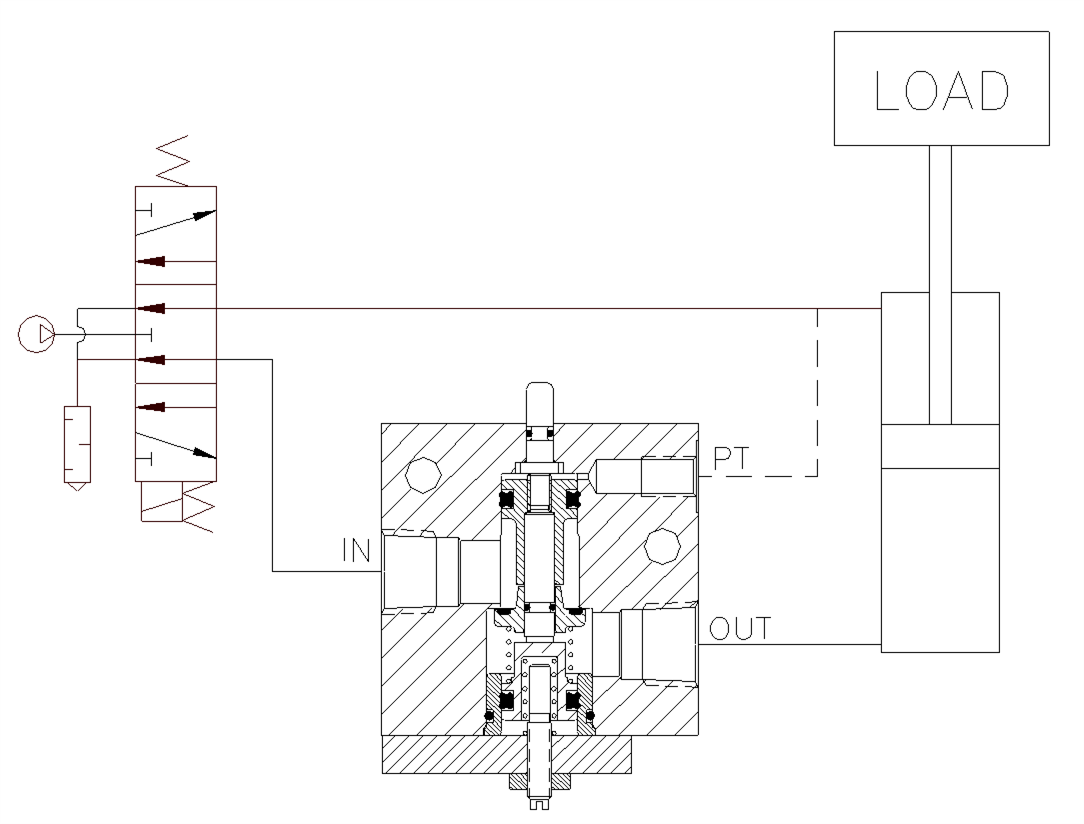 Product Schematic for 3/8" NPTF Pilot-Operated Locking Valve with Flow Controls