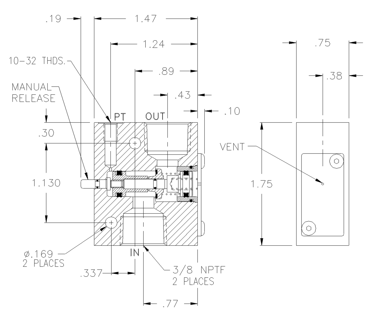 Product Drawing for 3/8" NPTF P.O. Check Valve