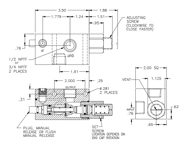 Product Drawing for 3/4" NPTF Pneumatic Counterbalance Valve w/ Manual Release and High Temp Seals