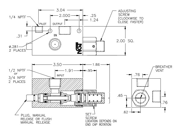 Product Drawing for 3/4" NPTF Adjustable P.O. Check Valve w/ High Temp Seals