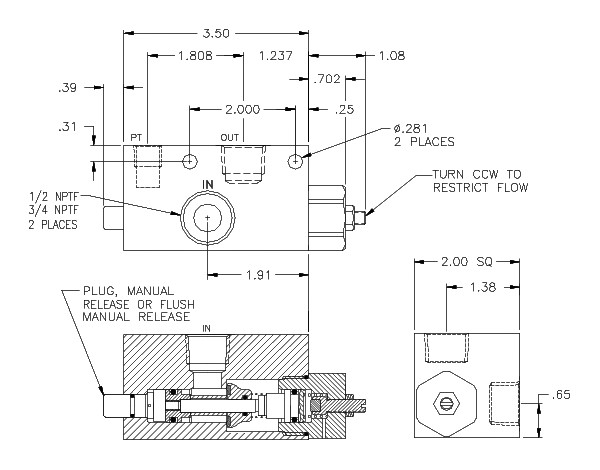 Product Drawing for 3/4" NPTF P.O. Check Valve with Flow Controls