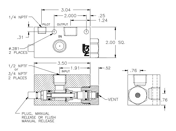 Product Drawing for 3/4" NPTF P.O. Check Valve with Low Pilot Spring