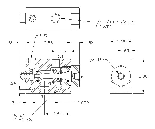 Product Drawing for 1/8" NPTF 2-way Normally Open Pilot-Operated Locking Valve