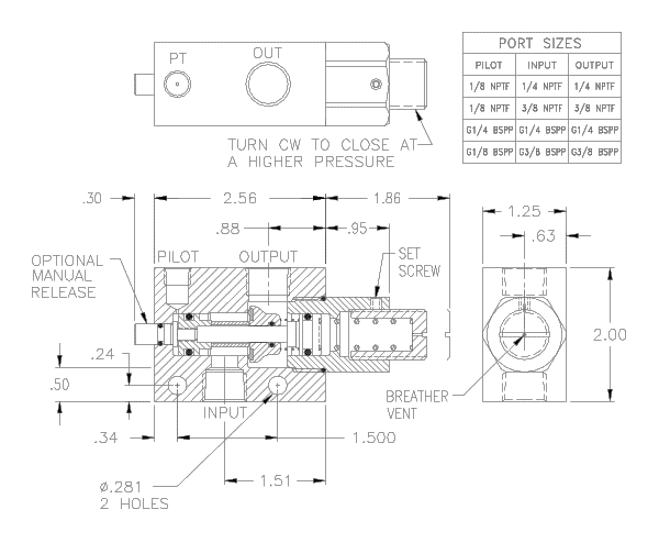 Product Drawing for 1/8 NPTF Adjustable P.O. Check w/ Flush Manual Release and Low Temp Seals