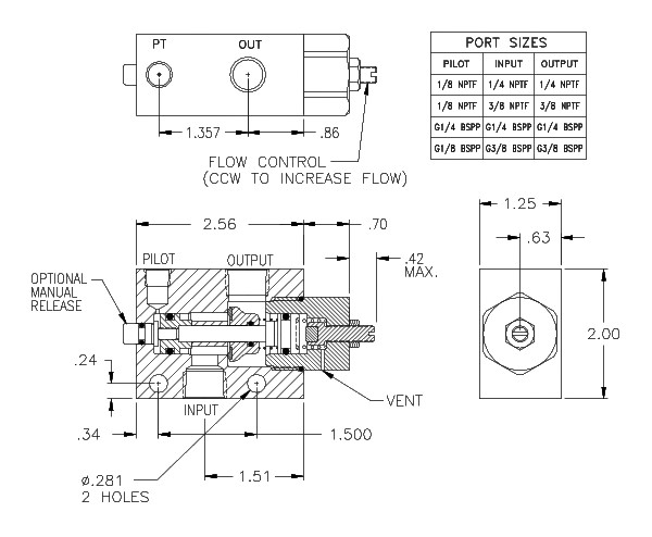 Product Drawing for 1/8 NPTF P.O. Check w/ Flush Manual Release and Low Temp Seals with Flow Controls