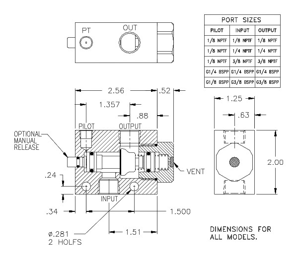 Product Drawing for 1/8 NPTF P.O. Check w/ Flush Manual Release and Low Temp Seals