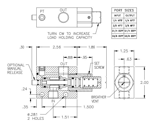 Product Drawing for 1/4" NPTF Pneumatic Counterbalance Valve w/ Manual Release and High Temp Seals