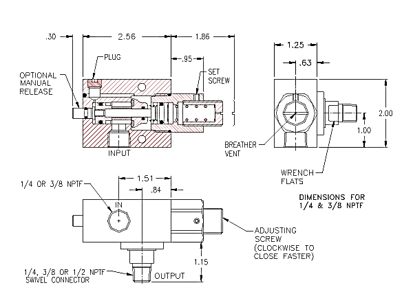 Product Drawing for 1/4" NPTF Swivel-Mounted Counterbalance Valve w/ 1/4" Outlet and Flush Manual Release