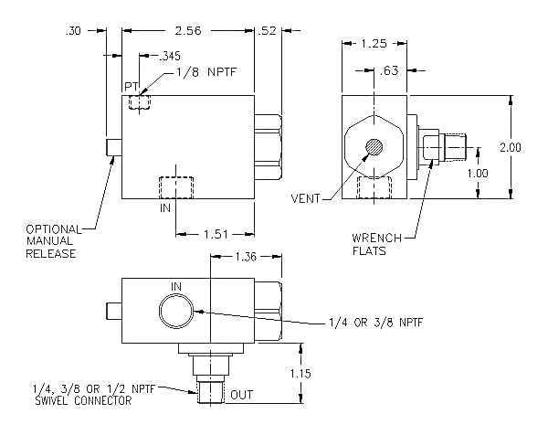 Product Drawing for 1/4" NPTF Swivel-Mounted PO Check Valve w/ 1/4" Outlet and manual relase