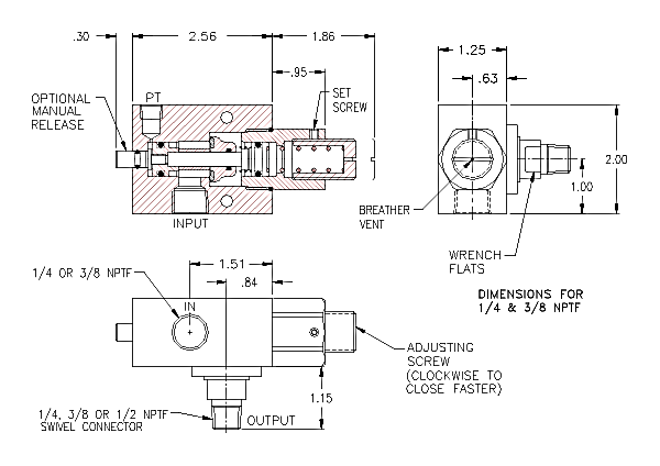 Product Drawing for 1/4" NPTF Swivel-Mounted Adjustable PO Check Valve w/ 3/8" Outlet