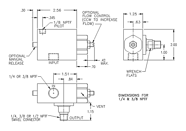 Product Drawing for 1/4" NPTF Swivel-Mounted PO Check Valve w/ Flow Controls -  3/8" Outlet and manual relase