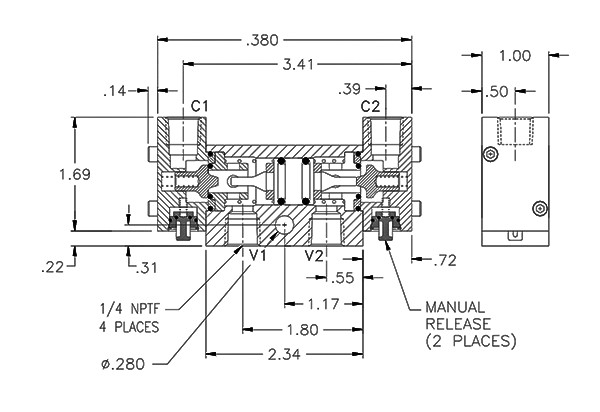 Product Drawing for 1/4" NPTF Dual Check Valve w/ High Temp Seals