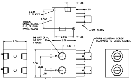 Product Drawing for 3/8" NPTF Dual Check Valve w/ Adjustable Spring Tension and Standard Button