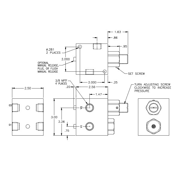 Product Drawing for 3/8" NPTF Dual Counterbalance Valve w/ Manual Release