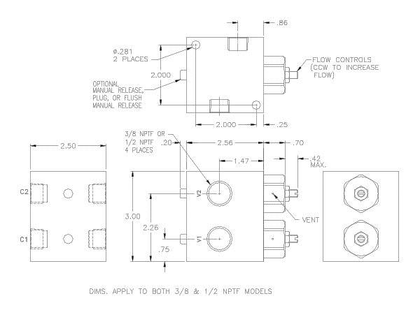 Product Drawing for 3/8" NPTF Dual Check w/ Manual Release and High Temp Seals with Flow Controls and Low Pilot Spring