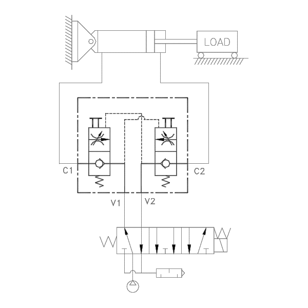 Product Schematic for 3/8" NPTF Dual Check w/ Manual Release and High Temp Seals with Flow Controls and Low Pilot Spring