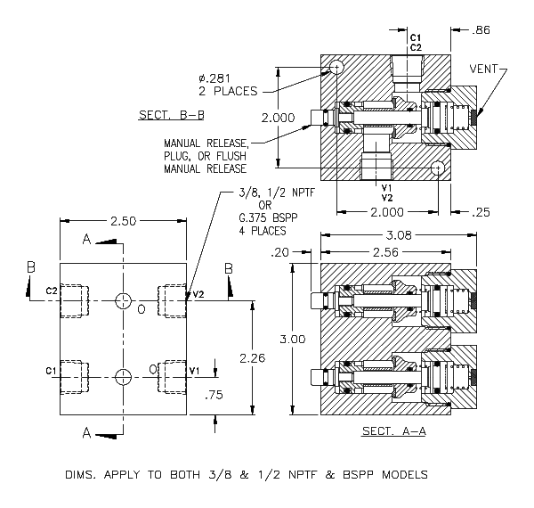 Product Drawing for 3/8 NPTF Dual Check w/ Flush Manual Release and Low Pilot Spring