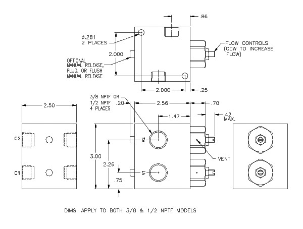 Product Drawing for 1/2" NPTF Dual Check w/ Flush Manual Release and Low Temp Seals with Flow Controls and Low Pilot Spring