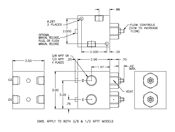 Product Drawing for 3/8" BSPP Dual Check w/ Manual Release and High Temp Seals with Flow Controls